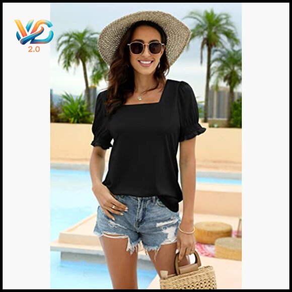 Summer Casual T-Shirt with Ruffle Trim Sleeves and Square Neck - Picture 2 of 7